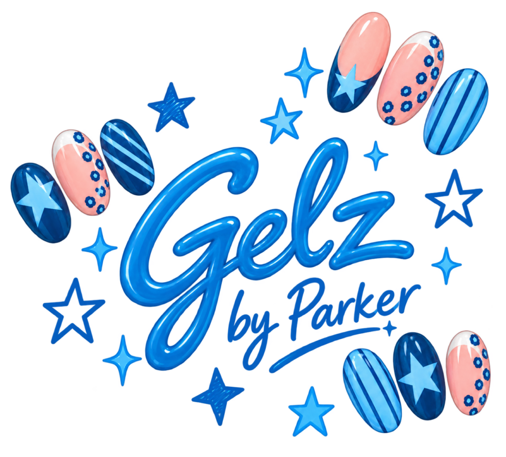Gelz by Parker — blue nail art and glossy lettering